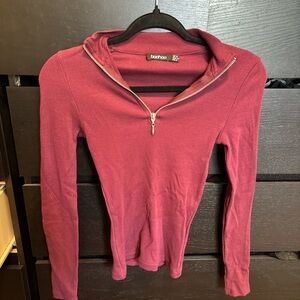 Boohoo Burgundy Long Sleeve Half-Zip Top